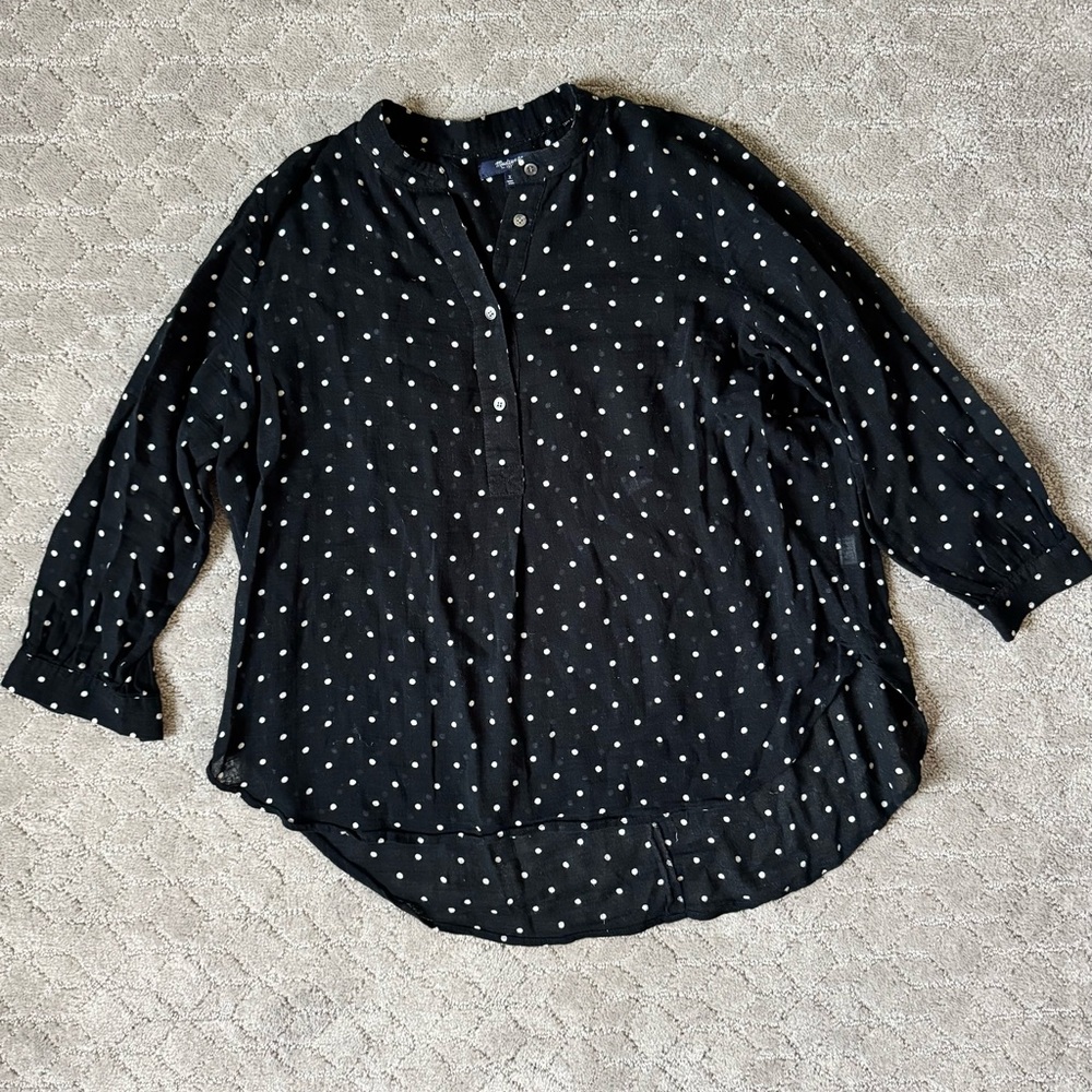Madewell Black and White Polka Dot 3/4 Sleeve Relaxed Blouse